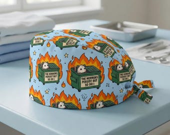 Dumpster Fire Possum Scrub Cap: Funny Nurse Print, Blue Cotton Tie Back