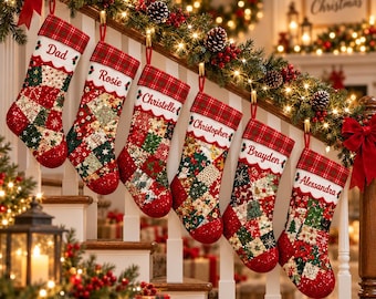 Personalized Sequin Christmas Stocking: Custom Name Patchwork Quilt Plaid Cuff Mantel Decor