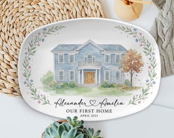Personalized House Portrait Platter: Custom Home Watercolor, New Home Gift