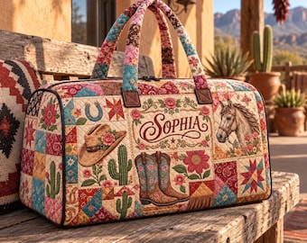 Personalized Western Duffle Bag: Custom Cowgirl Patchwork Weekender, Floral Horse Motif