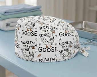 Serious Goose Scrub Cap: Funny Nurse Euro Hat, White Cotton Tie Back, Vet Gift