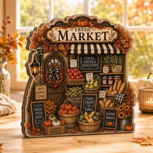 Vintage 2D Printed Harvest Market Wooden Block: Autumn Farm Stand Shelf Sitter