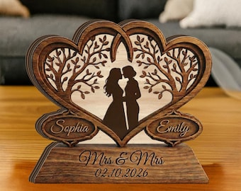 Personalized Mrs and Mrs Wood Stand: Lesbian Wedding Gift, Custom Couple Anniversary Decor