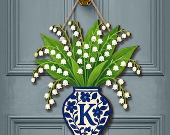 Chinoiserie Monogram Door Hanger: Blue and White Vase Lily of the Valley Spring Decor