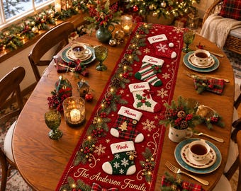 Personalized Quilt Table Runner: Custom Family Name, Red Christmas Stocking Decor