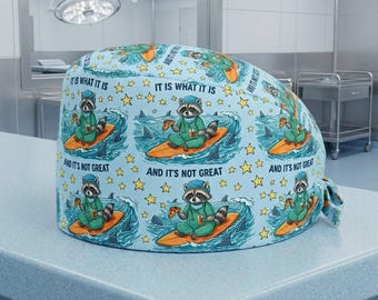 Funny Raccoon Scrub Cap: Light Blue Surfing Medical Hat, Sarcastic Quote