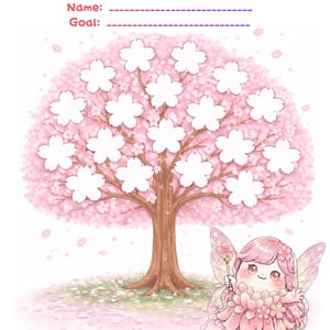 Puede incluir: Un gráfico de recompensas rosa con un diseño de árbol de flores de cerezo. El gráfico incluye espacios para un nombre y un objetivo, con una ilustración de hada en la parte inferior. El texto en la parte inferior dice: "Añade una pegatina y mantente motivado."