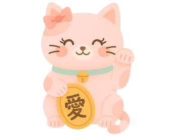 Japanese Cat Sticker Stickers Maneki Neko Sticker: Pink Lucky Cat with Love Symbol Good luck charm