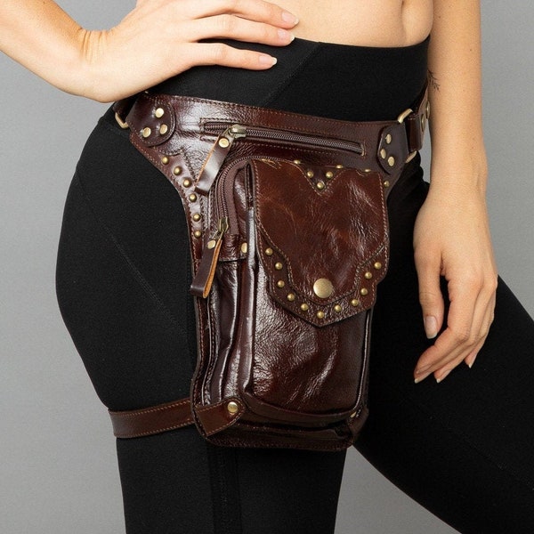 Genuine Leather Drop Leg Bag | Burning Man Leg Holster | Thigh Bag for Bikers | Thigh Bag Holster