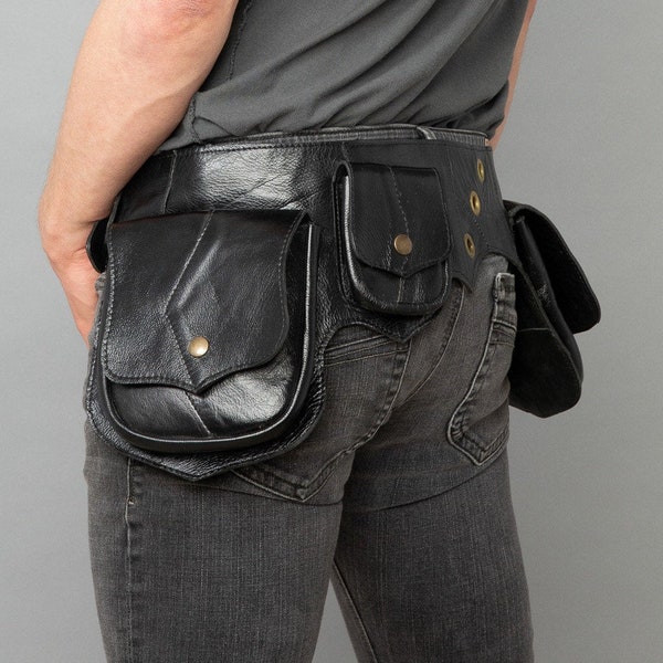 Men's Utility Belt with Large Side Pouches | Unisex Belt Bag | travel bet | Leather Burning man belt bag | Festival Belt with pockets