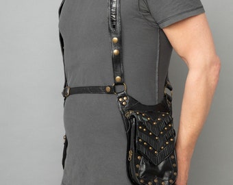 Men's Leather Holster with Pouches | Festival Holster Unisex | Shoulder Holster with Pockets | Burning Man Black Holster