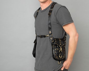 Genuine Leather Black Holster with Pouches and Key Rings ⎮ Festival Holster with Pockets | Unisex Burning Man Holster