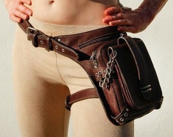 Brown Leather Utility Bag with Chain and Leg Strap | Festival Drop Leg Bag | Motorcycle Belt Bag | Burning Man Leg Holster