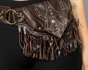 Brown Utility Leather Pocket Belt with Tassels, Fanny Pack with Tassels, Fits Any Size Smartphone, Festival Leather Belt