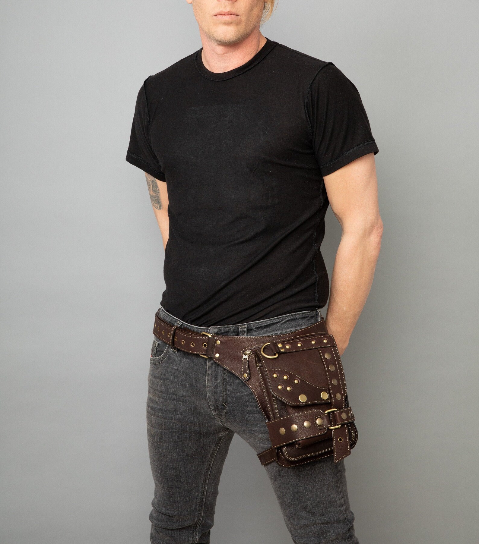 Brown Leather Utility Bag With Leg Strap Leg Harness Pouch Etsy