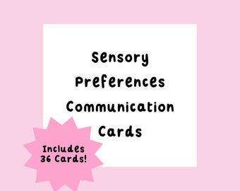 Puede incluir: Un cuadrado blanco sobre un fondo rosa con el texto "Sensory Preferences Communication Cards". Un gráfico rosa en forma de estrella en la parte inferior dice "Includes 36 Cards!"
