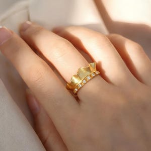 Wavy Ring, Organic Ring, Gold Frill Ring, Adjustable Open Ring, Sterling Silver 925, Cubic Zirconia Ring, Minimalist Ring, Gift for Her