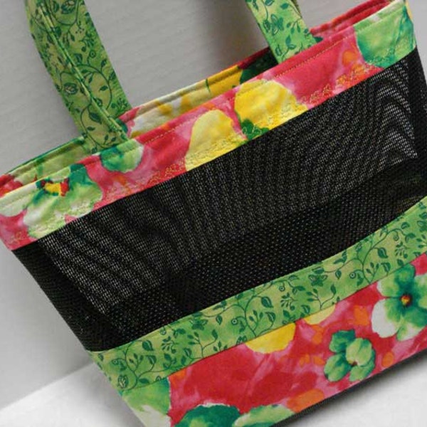 VERKOOP *** 50% korting op oorspronkelijke Prijs - Mesh Tote tas of portemonnee met kleurrijke bloemen Print stof en zwart Pet scherm Mesh