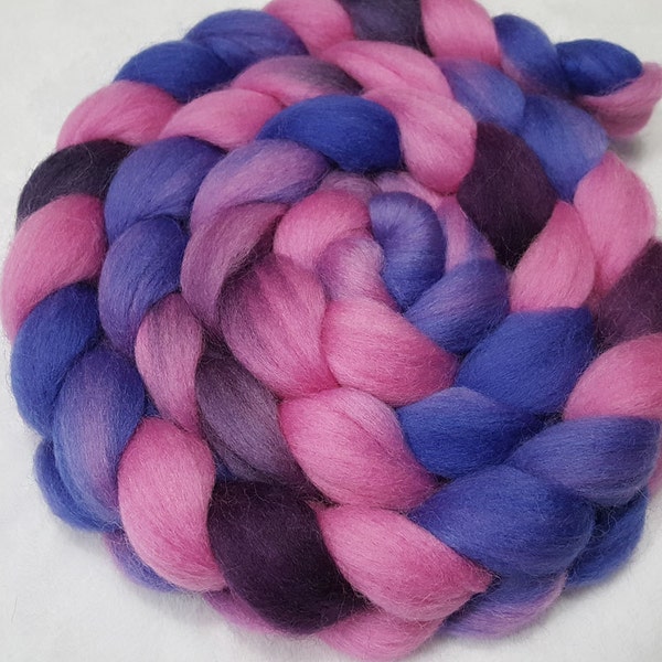 Corriedale Combed Top/Roving - 4 oz - Camellia Pink Over Dyed in Areas with Blueish Purple and Wine - 27.5 Micron and 3.5" Staple Length