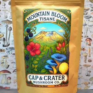 May include: A tan pouch with a colorful label featuring a mountain scene, flowers, and mushrooms. The label reads "MOUNTAIN BLOOM TISANE" and "CAP & CRATER MUSHROOM CO." The net weight is 1.82 oz.
