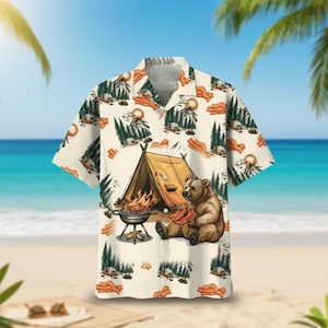 If It Involves Camping Bacon Count Me In Hawaiian Shirt, Funny Bear Button-down Shirt, Camping Summer Outfit, Gift for Camper