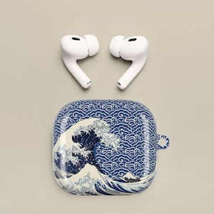 May include: White wireless earbuds and a blue and white case featuring a wave design. The case has a loop for attaching to a keychain. The earbuds are positioned above the case on a neutral background.