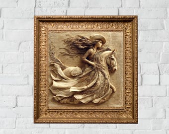 Stampa su tela raffigurante una donna di sabbia surreale, una cowgirl e un cavallo. Arte murale moderna in stile western boho.