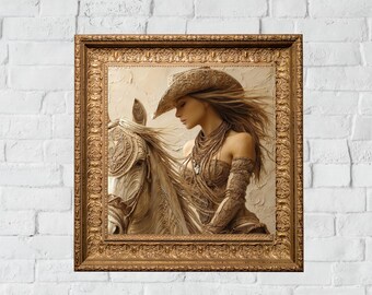 Stampa su tela raffigurante una donna di sabbia surreale, una cowgirl e un cavallo. Arte murale moderna in stile western boho.