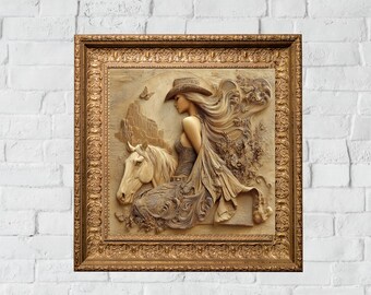 Stampa su tela raffigurante una donna di sabbia surreale, una cowgirl e un cavallo. Arte murale moderna in stile western boho.