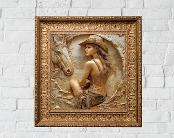 Stampa su tela raffigurante una donna di sabbia surreale, una cowgirl e un cavallo. Arte murale moderna in stile western boho.