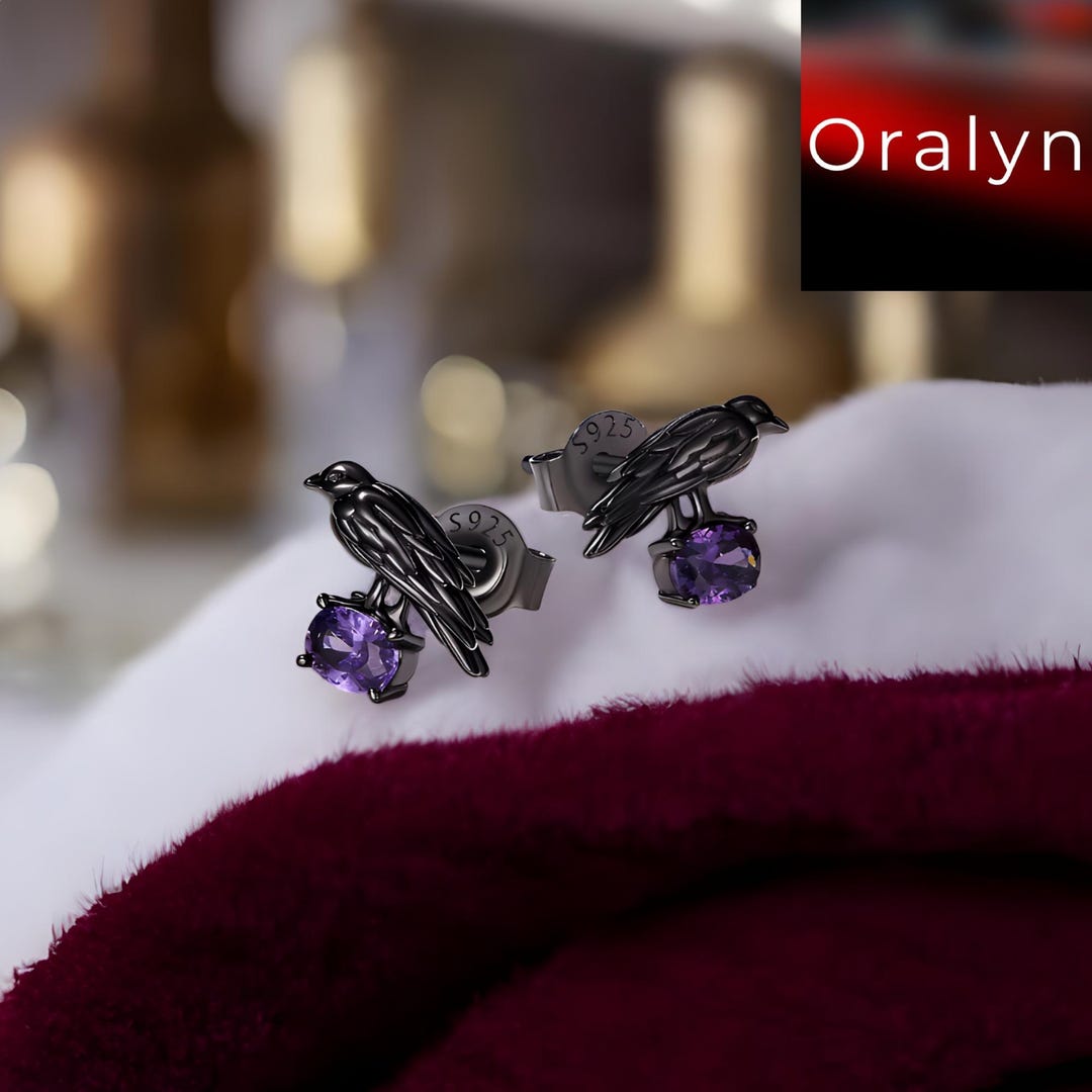 Sterling Silver Black Raven Earrings: Purple Zircon Crow Studs - Etsy Japan