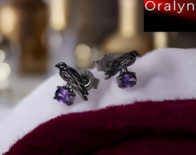 Sterling Silver Black Raven Earrings: Purple Zircon Crow Studs