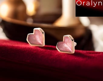Pink Enamel Heart Stud Earrings: Rose Gold Plated Sterling Silver