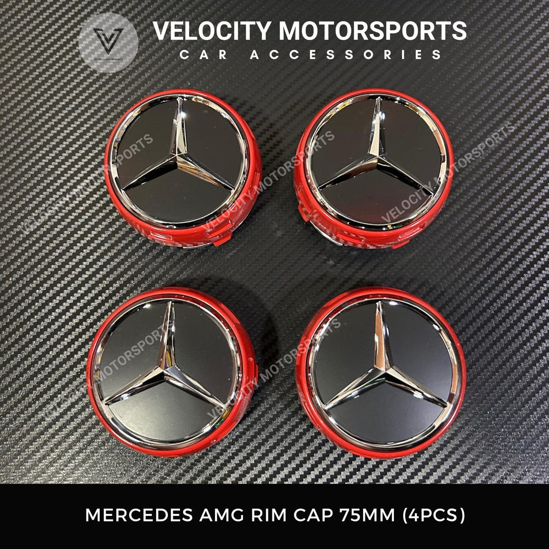 Mercedes Benz AMG Red Wheel Center Caps: 75MM Star Logo Black 4 Pieces ...