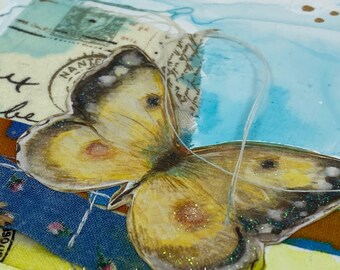 Stitched Butterfly Collage on Cradle Wood; 4" x 4" x 1.5"