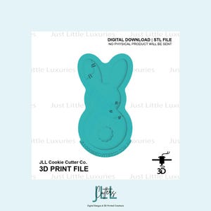 Può includere: Un file di stampa 3D color turchese di un tagliabiscotti a forma di coniglietto. L'immagine include il testo "DOWNLOAD DIGITALE | FILE STL NESSUN PRODOTTO FISICO VERRÀ INVIATO" e "JLL Cookie Cutter Co. 3D PRINT FILE".