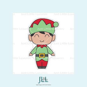May include: A cartoon illustration of an elf with a green hat and outfit, red pants, and a gold belt buckle. The elf has a smiling face and is standing upright. The image has the text "Just Little Luxuries" and "JLL Cutters" at the bottom.