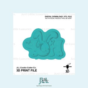 Può includere: Un file di stampa 3D color turchese per un tagliabiscotti a forma di coniglietto. Il testo "DOWNLOAD DIGITALE | FILE STL NESSUN PRODOTTO FISICO VERRÀ INVIATO" è in alto. Il logo di JLL Cookie Cutter Co. è in basso.