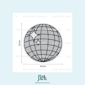 May include: A grey disco ball design with a grid pattern and two starburst accents. The design is 8.3 cm in diameter and includes the text "Just Little Luxuries" and "JLCutters".