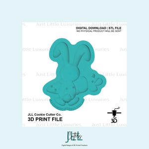 Può includere: Un file di stampa 3D color turchese di un tagliabiscotti a forma di coniglio. L'immagine include il testo "DOWNLOAD DIGITALE | FILE STL NESSUN PRODOTTO FISICO VERRÀ INVIATO" e "JLL Cookie Cutter Co. FILE DI STAMPA 3D".