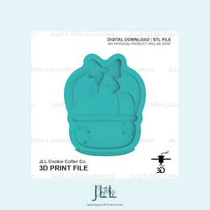 May include: A teal 3D print file for a cookie cutter. The cutter is shaped like a basket with a bow on top. The text on the image says "DIGITAL DOWNLOAD | STL FILE NO PHYSICAL PRODUCT WILL BE SENT" and "JLL Cookie Cutter Co. 3D PRINT FILE".