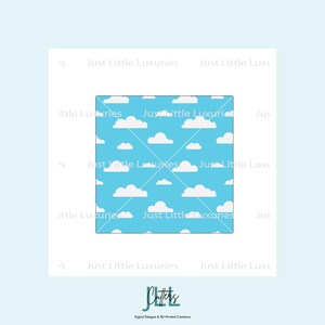 Pode incluir: Imagem quadrada com fundo azul e um padrão de nuvens brancas. As palavras "Just Little Luxuries" são repetidas ao redor da imagem. A parte inferior da imagem tem o texto "JLL" e "Digital Designs & 3D-Printed Creations."