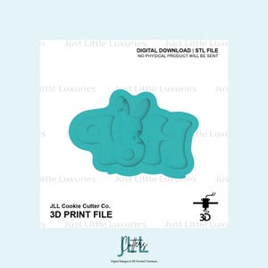 Könnte beinhalten: Ein türkisfarbener 3D-gedruckter Ausstecher in Form des Wortes "EAT" mit einem Hasenmuster. Der Text "DIGITALER DOWNLOAD | STL-DATEI ES WERDEN KEINE PHYSISCHEN PRODUKTE VERSENDET" steht oben. Der Text unten lautet "JLL Cookie Cutter Co. 3D-DRUCKDATEI".