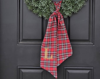 Couronne de Noël tartan rouge à monogramme | Décoration de porte des Fêtes