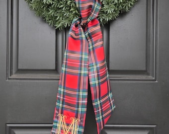 Ceinture couronne écossaise personnalisée - Décoration de porte de Noël monogrammée - Noeud classique de guirlande de Noël