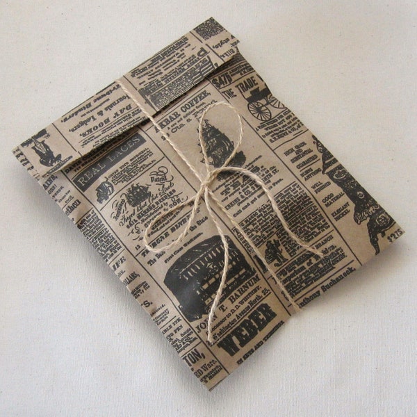 50 Newspaper Print Kraft Bags 6 x 9" Newsprint Vintage Style - 6 3/16 x 9 inches