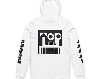 May include: White long-sleeved hoodie with a graphic design on the front and sleeves. The front features the word "TOP" in a black square with geometric shapes. The left sleeve has the letter "P" repeated, and the right sleeve has black triangles.