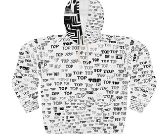 May include: White hoodie with a repeating "TOP" pattern in black and gray. The hood features a black and white geometric design. A casual, unisex garment.
