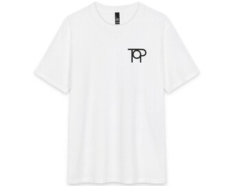 May include: A white short-sleeved t-shirt featuring a black graphic logo on the upper left chest. The logo consists of the letters T, O, and P stylized in a linear, connected font. The shirt has a crew neckline and a standard hemline.
