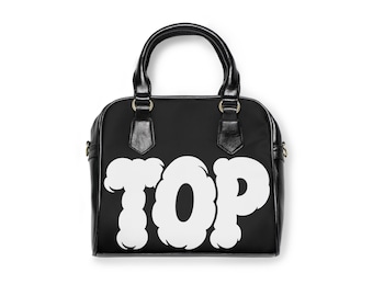 White Bubble "TOP" Graphic Shoulder Handbag | Black PU Leather, Bold Typography